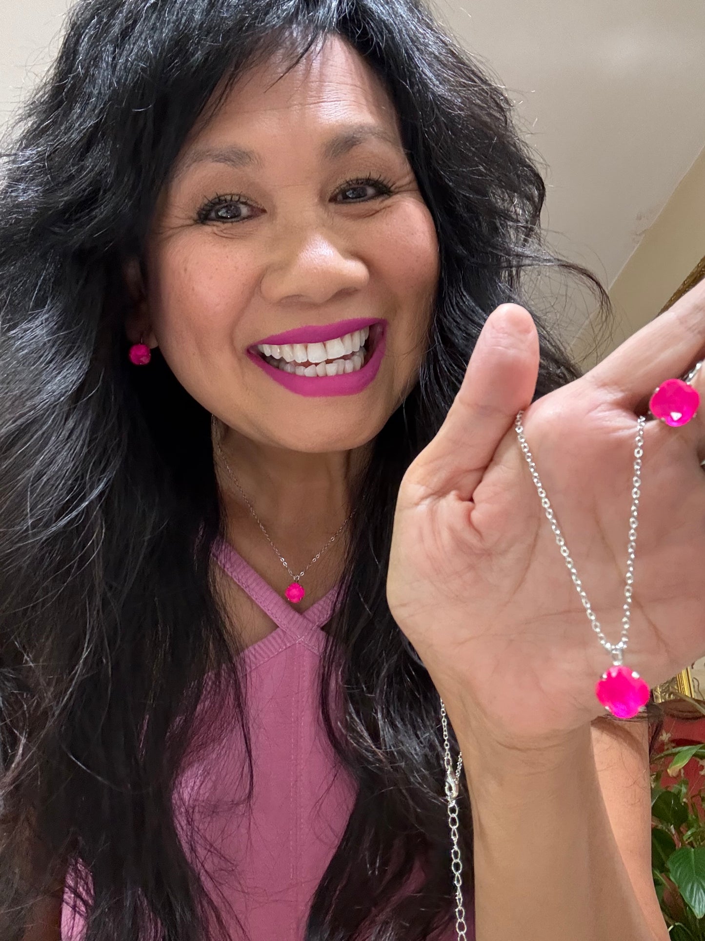 Neon Pink 1 Stone Square Necklace and Neon Pink Square drop Set