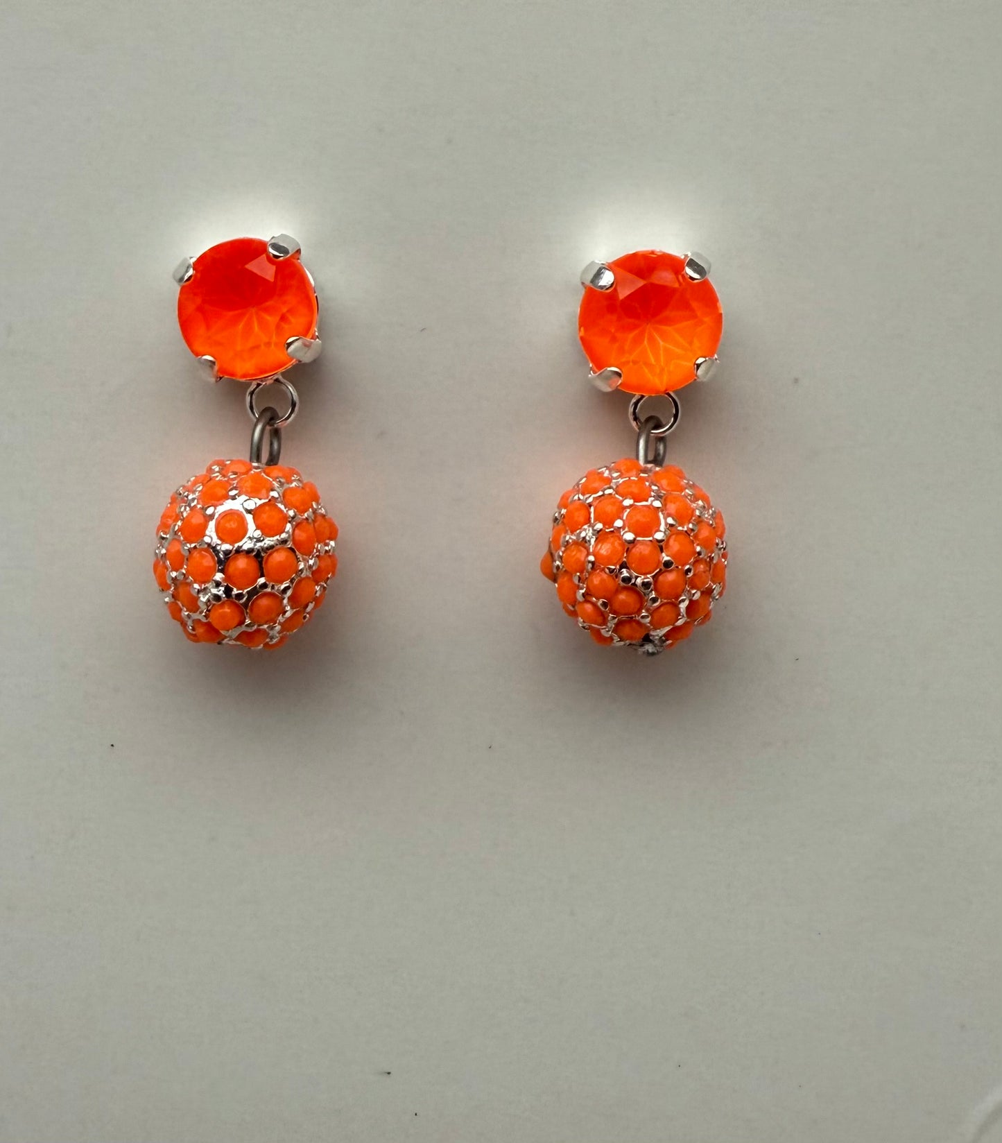 Neon Orange Stud with Pave Crystal Dangle Earrings