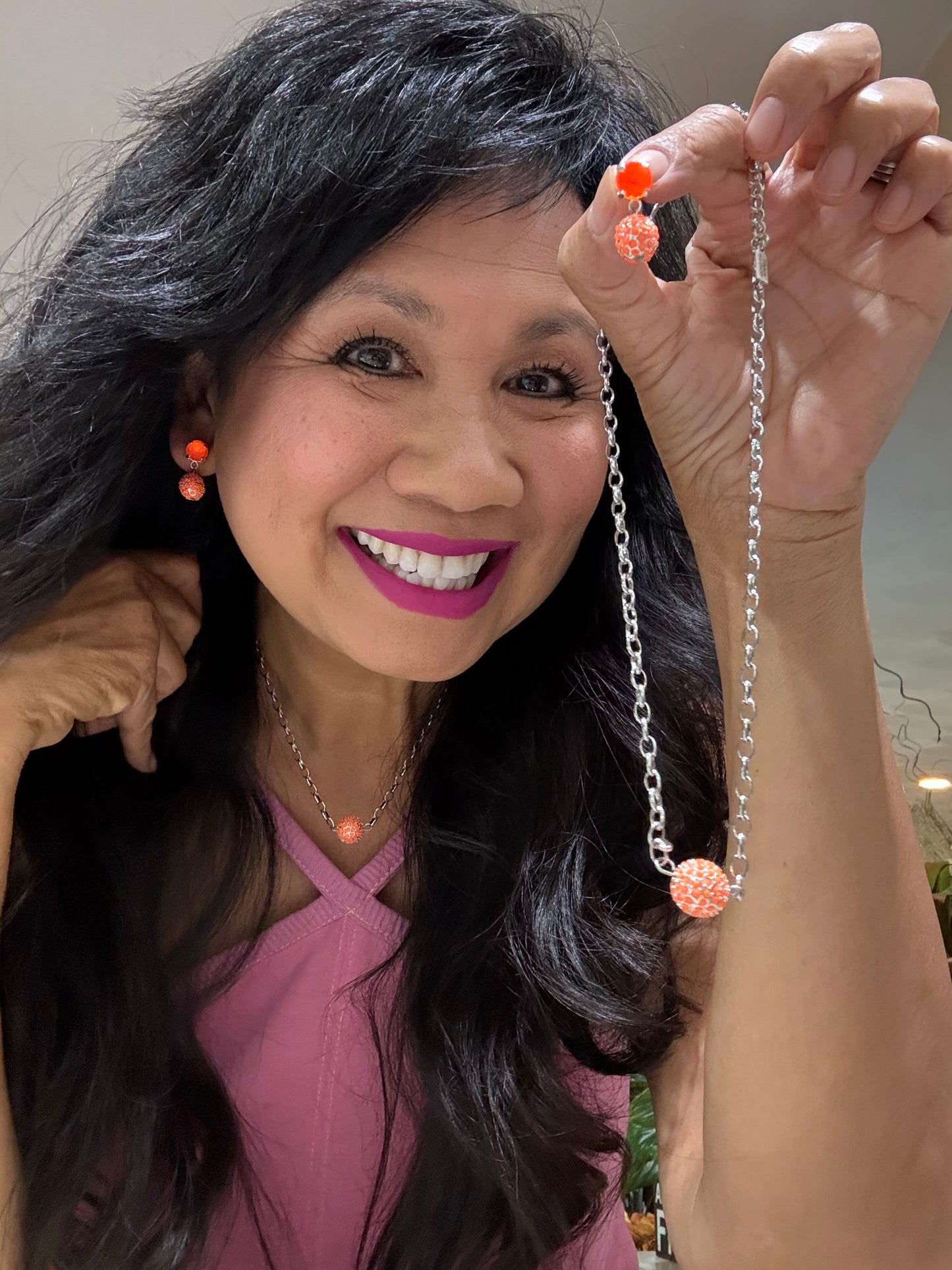 Neon Orange Necklace and Neon Orange Stud Dangle Earrings Set