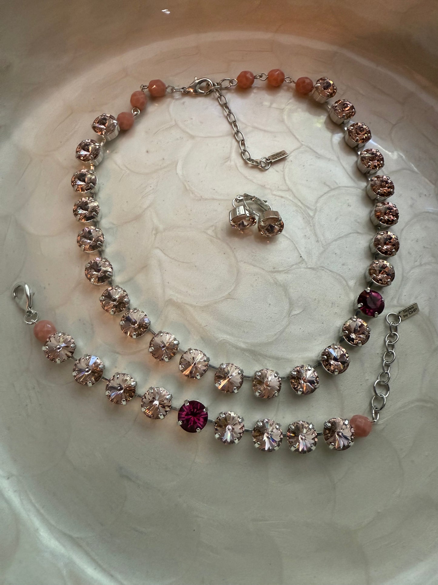 Handmade Necklace Set, Vintage Rose Stones with Fuchsia stone