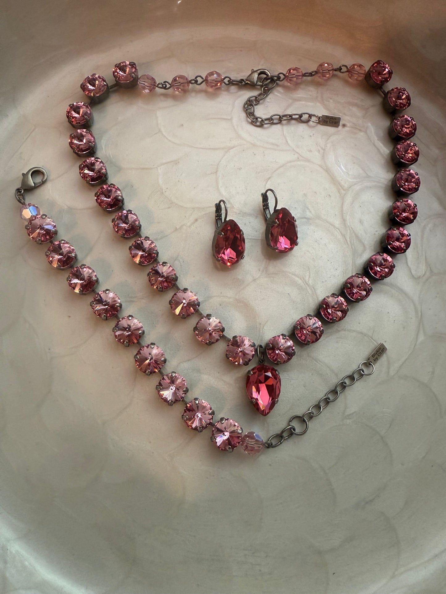 Handmade Light Rose Stone with Rose Pendant Necklace Set