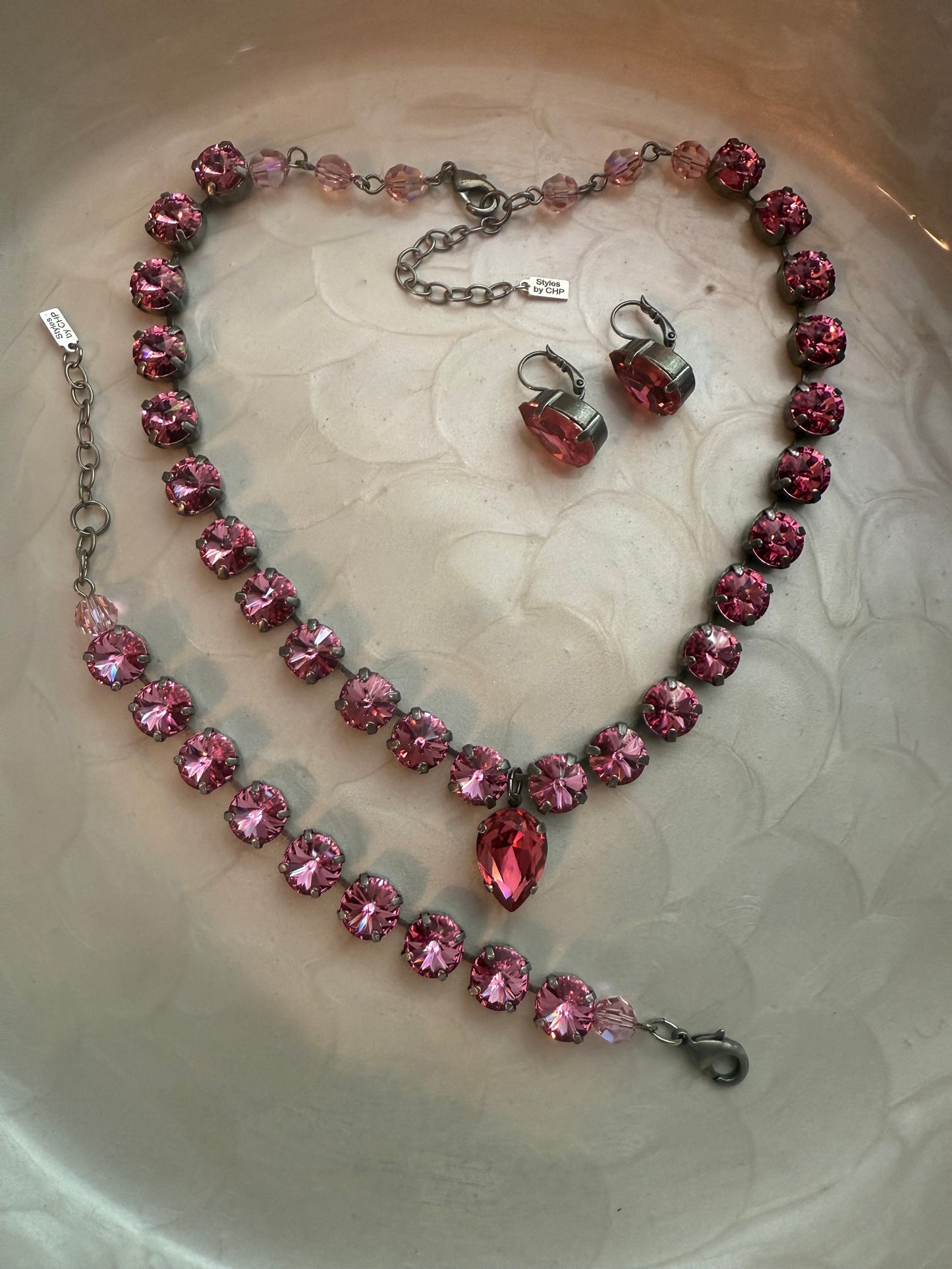 Handmade Necklace in Dark Rose Stones with Rose Pendant Necklace Set