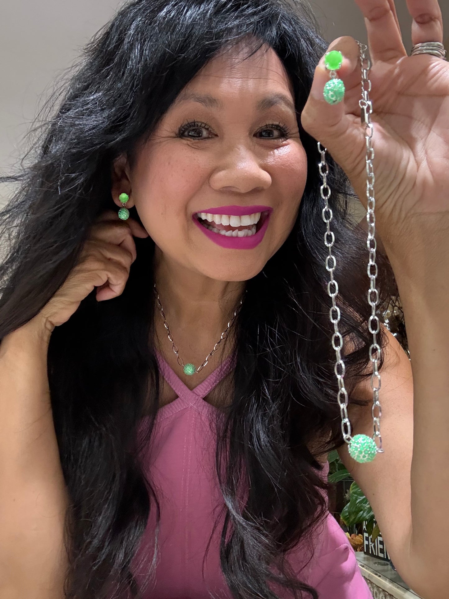 Neon Green Necklace and Neon Green Stud Dangle Earrings Set