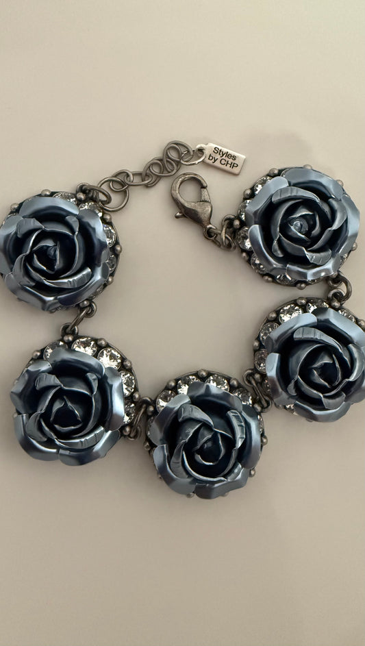 Vintage Large Blue Rose Bracelet with clear crystals around it