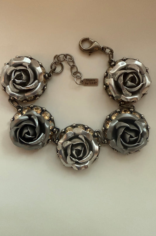 Vintage Large Rose- Light grey/dark grey with Gold shadow crystals around it