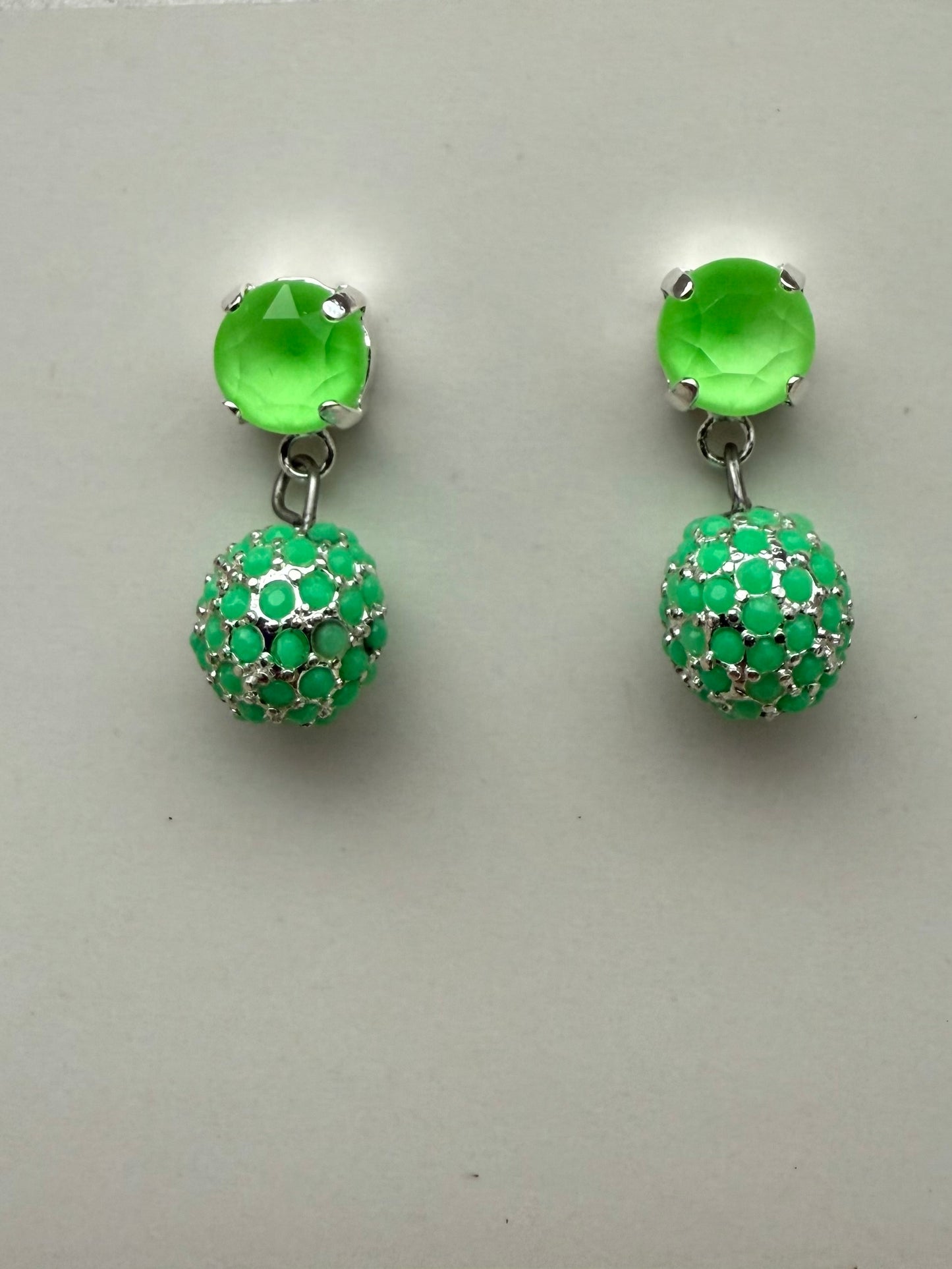 Neon Green Stud with Pave Crystal Dangle Earrings