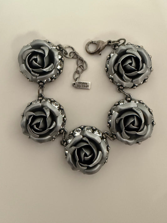 Vintage Large Rose Bracelet in Light grey and dark grey with clear crystals